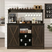 Catrimown Farmhouse Coffee Bar Cabinet with Removable 9 Wine Rack, Wood Dark Oak