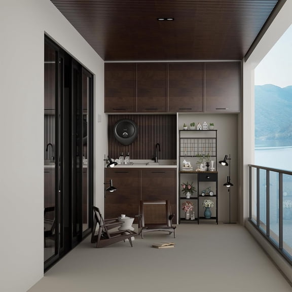 Farmhouse Coffee Bar Cabinet with Storage Drawer, Extended Worktop Corner Station, Home Bar Table for Living Room, Entryway (Brown)