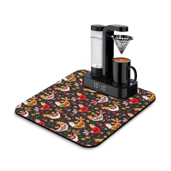 Farmhouse Coffee Bar Mat - Waterproof Absorbent Counter Protector with Rustic Rooster Print