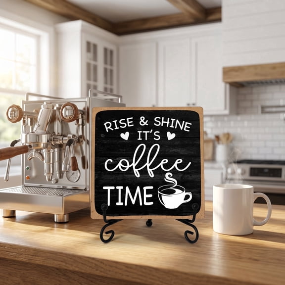 Farmhouse Coffee Bar Sign, Rise & Shine It's Coffee Time, 5"x5" Wood Plaque with Stand, Gift for Home Kitchen Tabletop Decor
