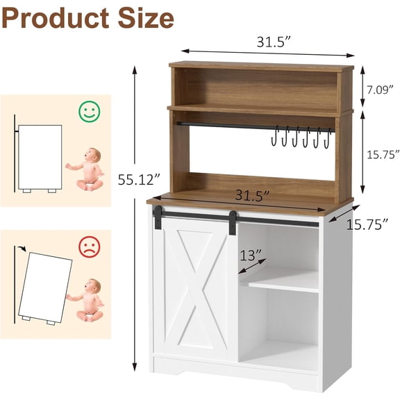 Farmhouse Coffee Bar with Hutch, 55 Inch White Coffee Bar Cabinet Storage with LED Light and Sliding Barn Door