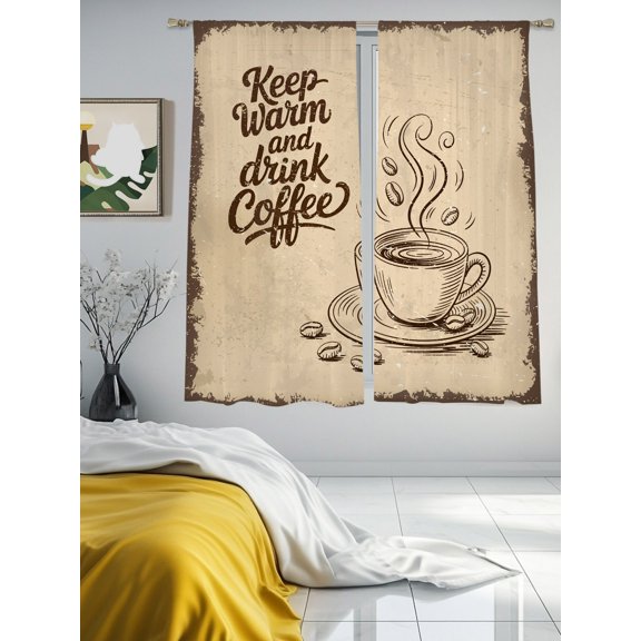 Farmhouse Coffee Beans Retro Sheer Curtains 2 Panels Set Keep Warm Quote Lihgt Filtering Rod Pocket Voile Drape,Semi Sheer Window Curtains for Bedroom Living Room,52"x63"