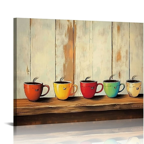 Farmhouse Coffee Canvas Wall Art, Coffees with Wooden Background Painting Print Rustic Farmhouse Kitchen Poster Picture for Coffee Bar Kitchen Decor