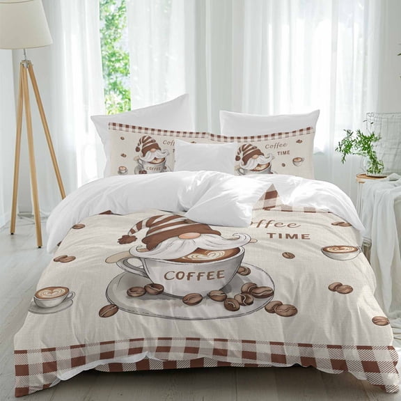 Farmhouse Coffee Comforter Set Queen Size, Time Gnome Beans Brown Plaid Country Soft Bedding Set for Man Woman, 4 Pieces Duvet Cover Set with Fitted Sheet, 2 Pillowcases