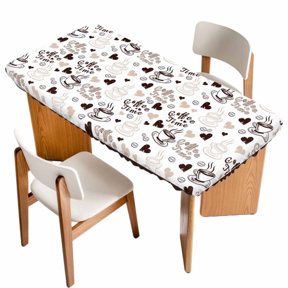 Farmhouse Coffee Cup Table Cloths for 6 Foot Rectangle Tables, Vintage Coffee Beans Love Heart Patio Waterproof Elastic Fitted Tablecloths, Washable Rectangular Table Cover for Camping