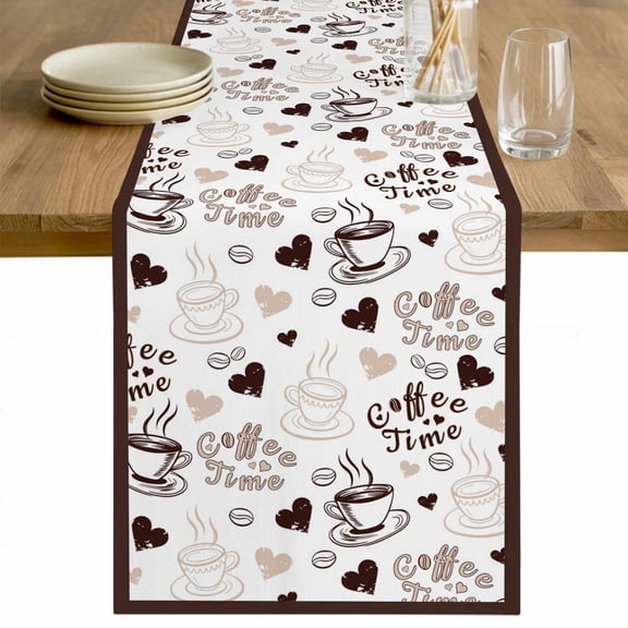 Farmhouse Coffee Cup Table Runner - 60 Inch Long Vintage Coffee Beans Love Heart Cotton and Linen Blended Dress Scarves Farmhouse Table Runner for Kitchen Dining, Coffee Table, 13" x 60"