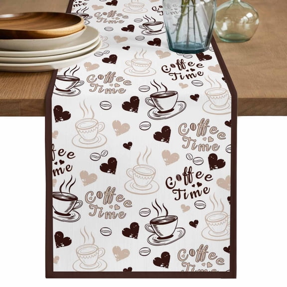Farmhouse Coffee Cup Table Runner 90 Inches, Vintage Coffee Beans Love Heart Bed Runner Dresser Scarves Tabletop for Indoor Outdoor Parties/Ceremony/Banquet, 13" x 90"