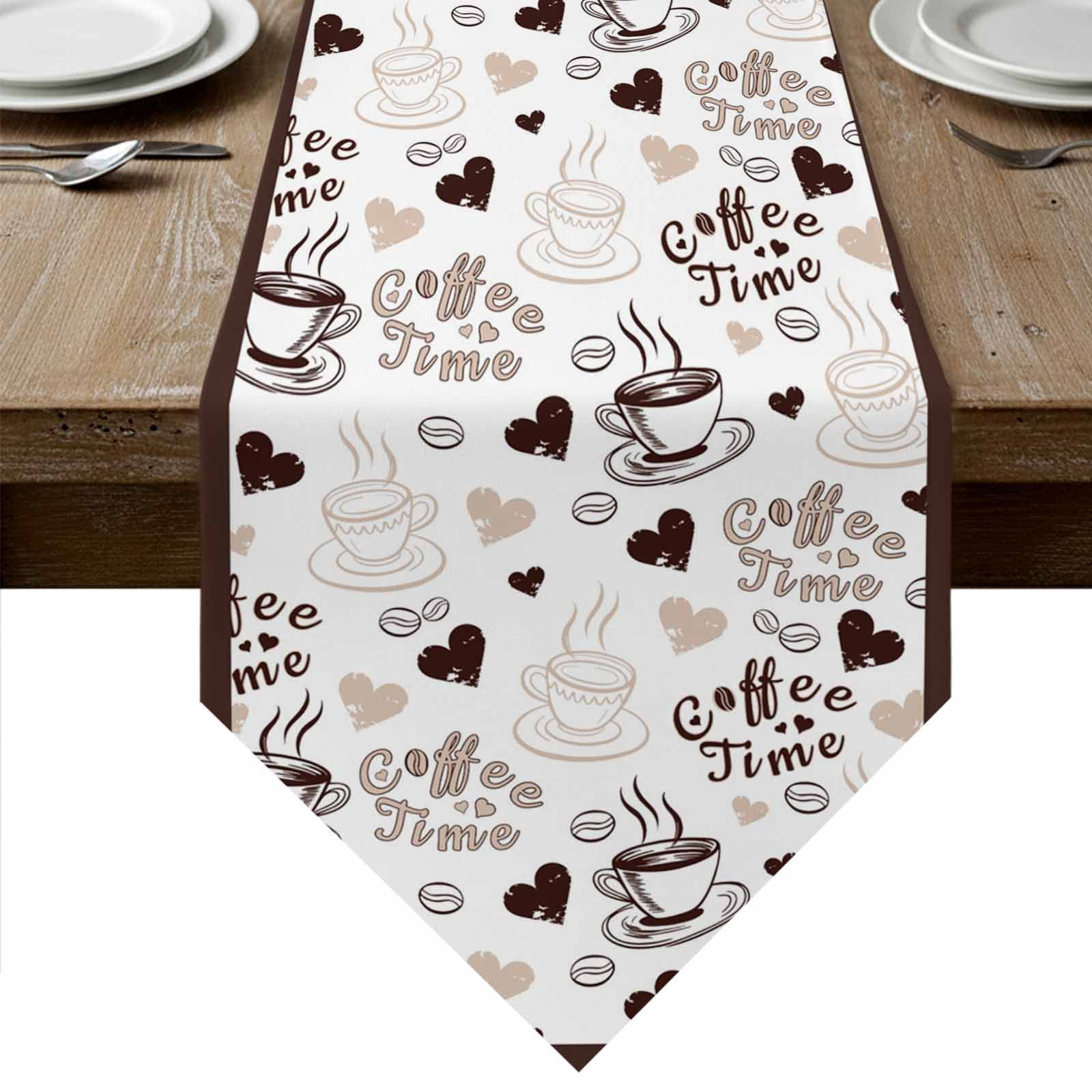 Farmhouse Coffee Cup Table Runner Linen Burlap Table Runner 120 Inches Long Vintage Coffee Beans Love Heart Dresser Scarves for Kitchen Island Coffee Dining Party Wedding Holiday Decor 13"x120"