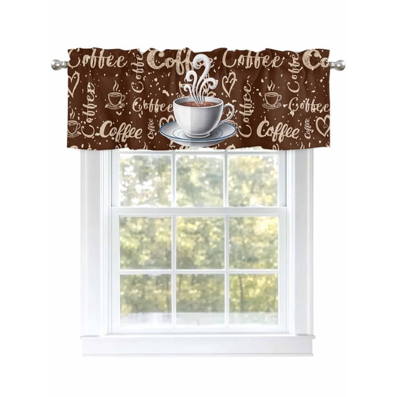 Farmhouse Coffee Curtain Valances for Windows, Vintage Style Brown Bottom Window Valances, Window Treatment Rod Pocket Valance Curtains for Living Room/Kitchen/Bedroom/Bathroom, 54x18inch