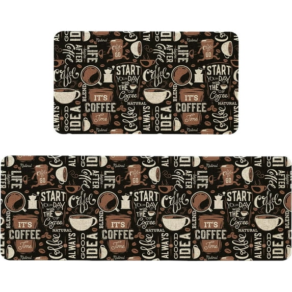 Farmhouse Coffee Kitchen Mats Set of 2 Non Slip Vintage Coffee Kitchen Rugs Home Decor Low-Profile Washable Floor Mat 17x47 Inch and 17x29 Inch