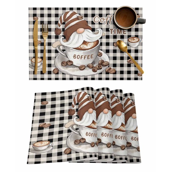 Farmhouse Coffee Placemats Set of 2 Gnome Coffee Time Black Buffalo Plaid Heat Insulation Washable Place Mats, Rustic Non-Slip Table Mats for Dining Table Party Kitchen Decor,13x19 Inch