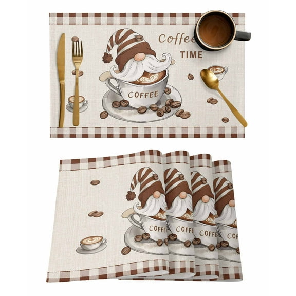 Farmhouse Coffee Placemats Set of 2 Time Gnome Beans Brown Plaid Country Heat Insulation Washable Place Mats, Rustic Non-Slip Table Mats for Dining Table Party Kitchen Decor,13x19 Inch