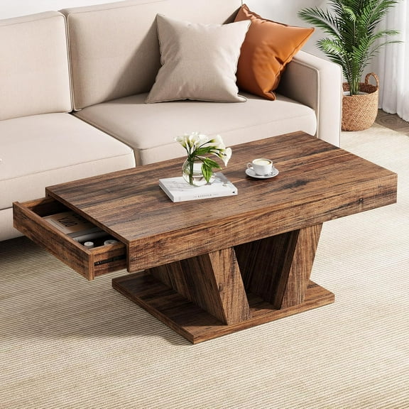 Farmhouse Coffee Table with 2 Side Drawers, 43 inch Wood Center Tea Table with Hidden Storage, Rectangle Cocktail Table for Living Room, Office, Small Space, Brown