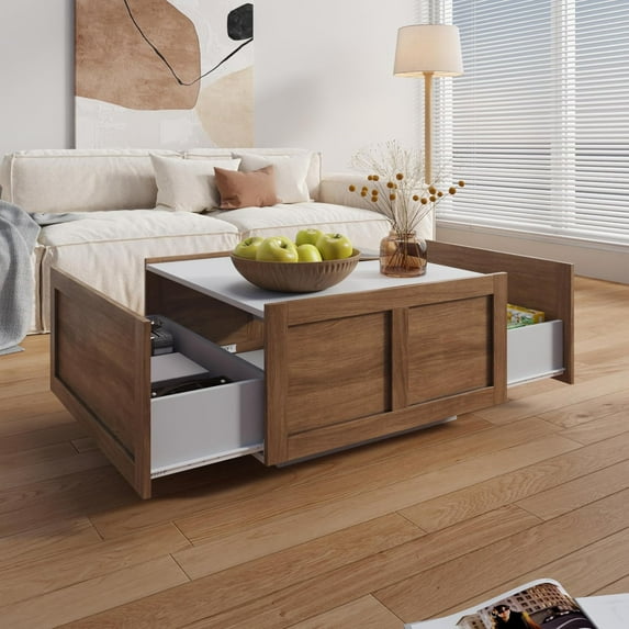Farmhouse Coffee Table with 2 Storage Drawers for Living Room Square Center Middle Table Modern Cocktail Table Contemporary Mid Century Wood Home Office Waiting Room (White Brown)