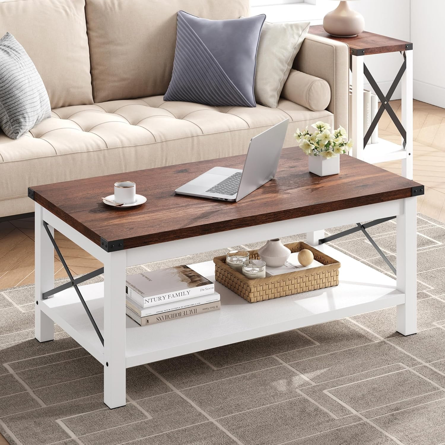 Farmhouse Coffee Table 2-Tier Rustic Center Table Living Room Rectangle ...