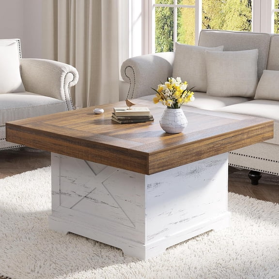 Farmhouse Coffee Table 31.5" Square with X-Design Pedestal, Antique White Wood Grain Center Table for Living Room, Small Space Tea Accent Table