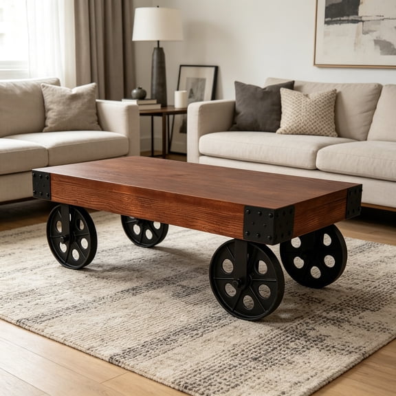 Farmhouse Coffee Table, 39.37" Center Table, Industrial Rectangle Living Room Table with Wheels, Simple Wood and Metal Coffee Table, Removable Tea Table for Living Room, Bedroom, Office