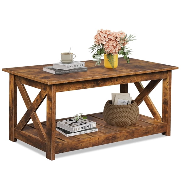 Farmhouse Coffee Table, 40.1 Inch ic Center Table with X-Frame Support, 2-Tier Wood Storage Shelf, Sturdy MDF Coffee Tables for Living Room, Bedroom, Balcony, ic Brown