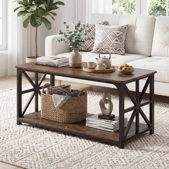 Farmhouse Coffee Table, 43" Center Table with Storage & X-Shaped Frames, 2-Tier Modern Accent Cocktail Tea Table, Rectangular Wooden Living Room Tables for Small Spaces, Rustic Brown