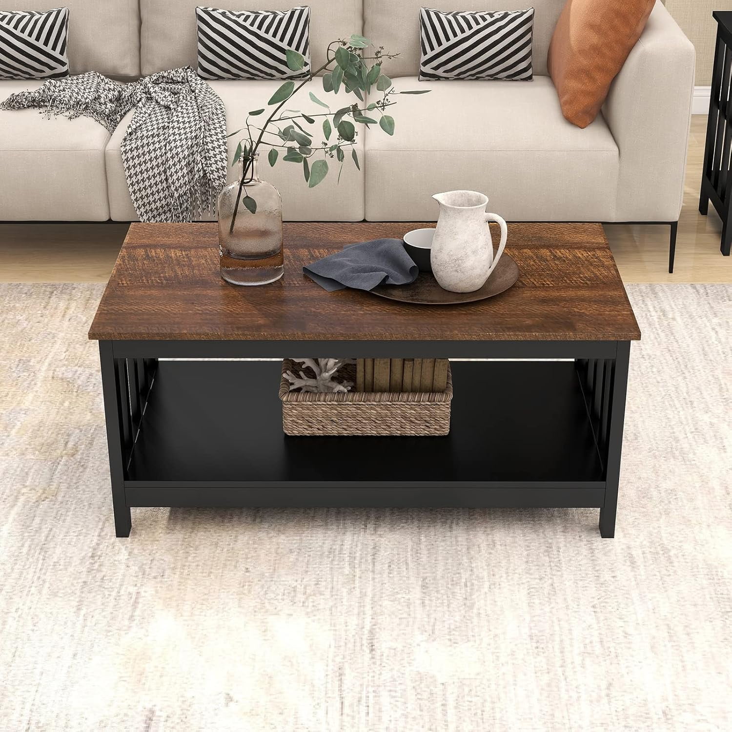 Farmhouse Coffee Table, Black Living Room Table Coffee Table with Shelf ...
