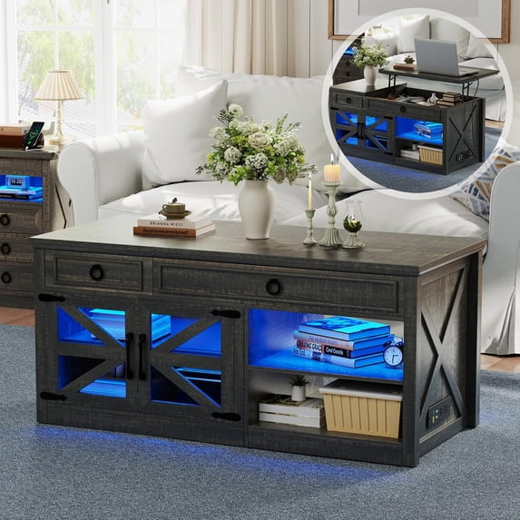 Farmhouse Coffee Table with Charging Station,Lift Top Coffee Table with Hidden Compartment and 2 Drawers,LED Lights Center Table for Living Room(Rustic Brown)