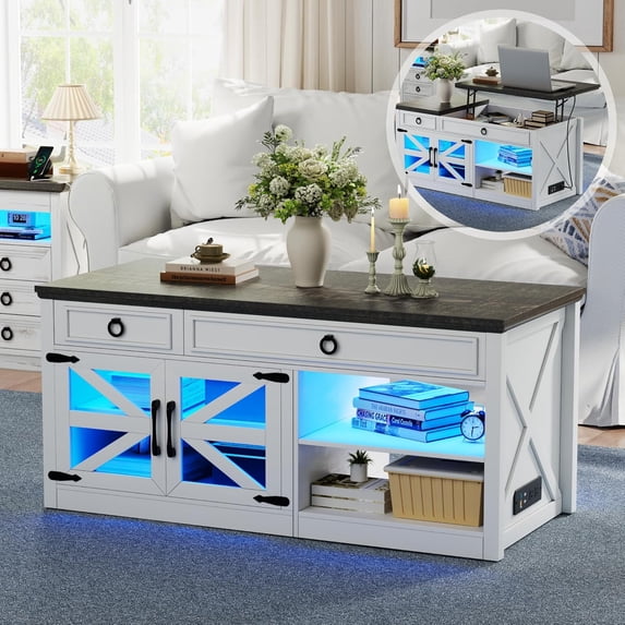Farmhouse Coffee Table with Charging Station,Lift Top Coffee Table with Hidden Compartment and 2 Drawers,LED Lights Center Table for Living Room(White)