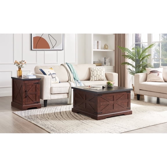 Farmhouse 1 Coffee Table & 1 End Table Sets with Barn design, With Hinged Lift Top, Oak
