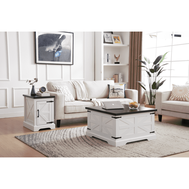 Farmhouse Coffee Table & End Table Sets with Barn design, With Hinged
