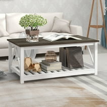 Farmhouse Coffee Table For Living Room, 2-Tier Rectangular Wooden Centre Cocktail Table With Slats Shelf Storage And V-Shaped Frame