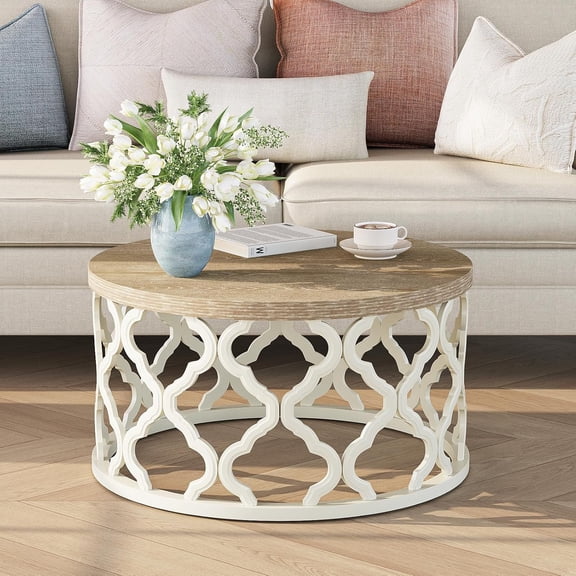 Farmhouse Coffee Table, French Country Round Coffee Table, Coastal Coffee Tables with Distressed Top, Boho Center Table with Curved Motif Frame Base for Living Room, Dining Room, Bedroom