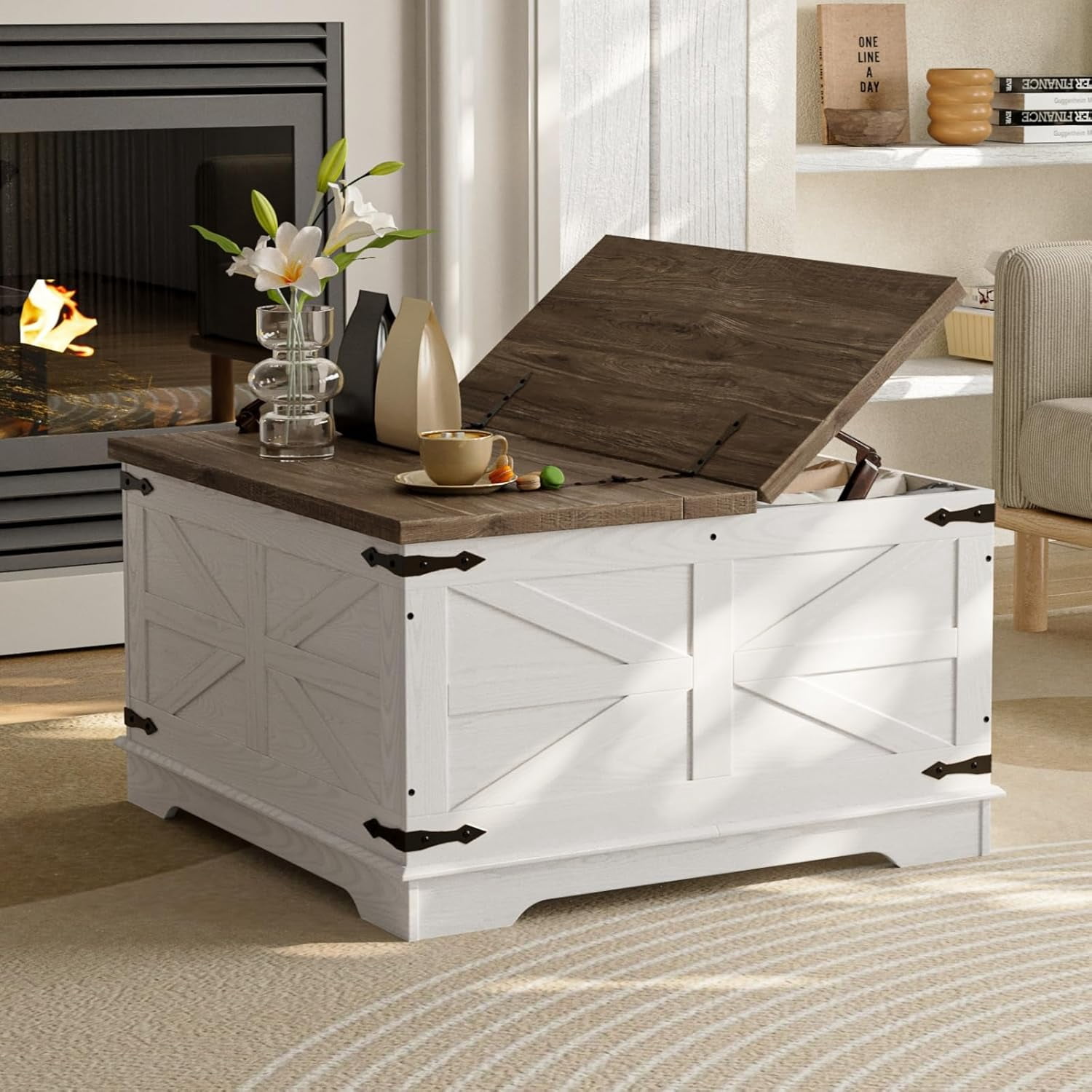 Farmhouse Coffee Table, Heavy-Duty Coffee Table with Storage, Square ...