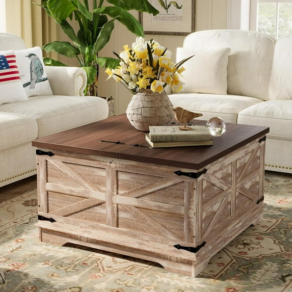 Farmhouse Coffee Table, Heavy-Duty Coffee Table with Storage, Square Wood Center Table Set for Living Room with Pull Up Large Hidden Storage Compartment,Rustic Brown