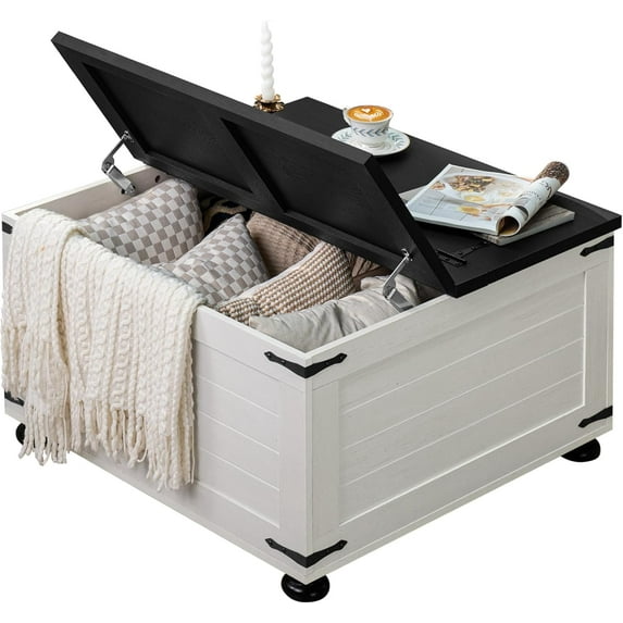 Farmhouse Coffee Table with Hidden Storage, Large Square Center Table for Living Room, Vintage Cocktail Tables with Flip-Top Lids, Farm House Tables with Wood Gourd Feet, Antique White & Black