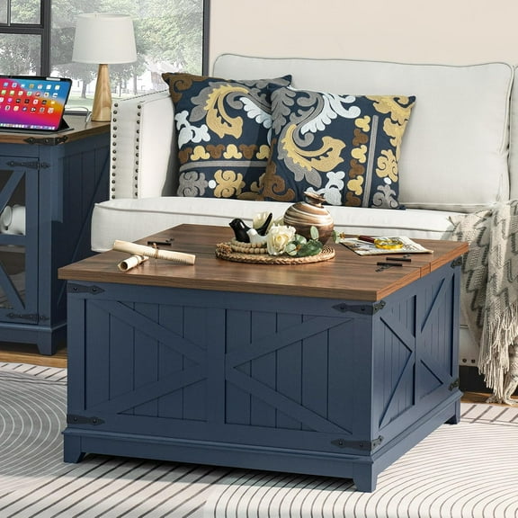Farmhouse Coffee Table with Hidden Storage Organizer, Modern Square Large Center Table, Wood Farm House Low Navy Blue Living Room Tables with Hinged Lift Top for Home, Office