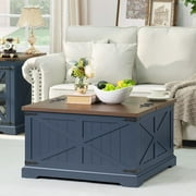 31.5 Blue Coffee Table with Large Hidden Storage, Square Lift Living Room Coffee Tables, Multi-Function Lift Wooden Barn Door Center Table