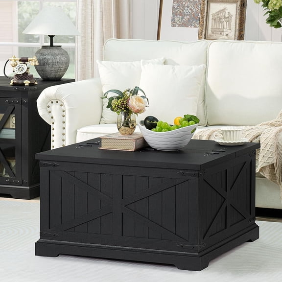 Farmhouse Coffee Table with Hidden Storage & Hinged Lift Top, Rustic Black Wood Square Center Table, Modern Living Room Furniture with Arc Base