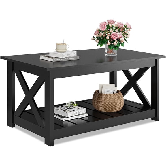 Farmhouse Coffee Table for Living Room, 40.1" Rustic Center Table with X-Frame Support & Storage Shelf, 2-Tier Wood Coffee Tables for Bedroom & Balcony, Charcoal Black