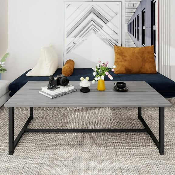 Farmhouse Coffee Table Rectangular Center Table for Living Room Table Wooden Tabletop with Metal Frame,Mid Century Modern Design,Easy Assembly,Wood Coffee Table,Grey