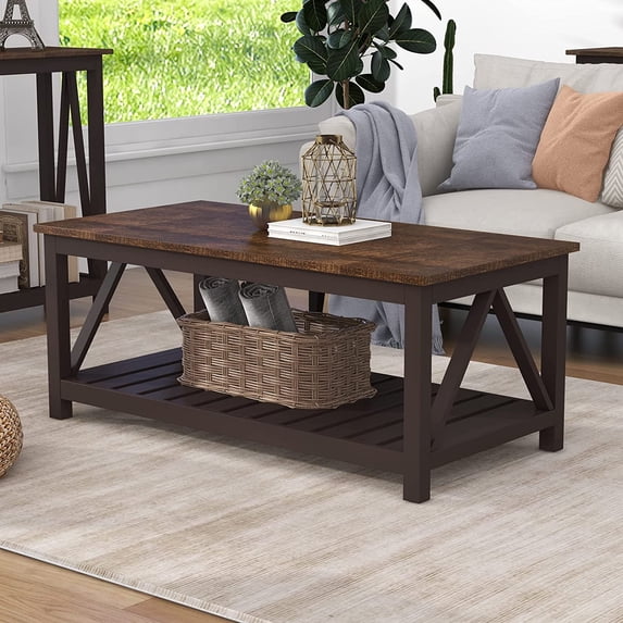 Farmhouse Coffee Table, Rustic Vintage Living Room Table with Shelf, 40 Espresso