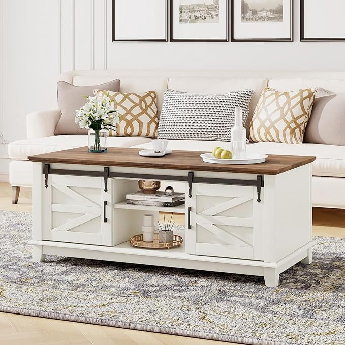 Farmhouse Coffee Table with Sliding Barn Doors, 48'' Living Room Table ...
