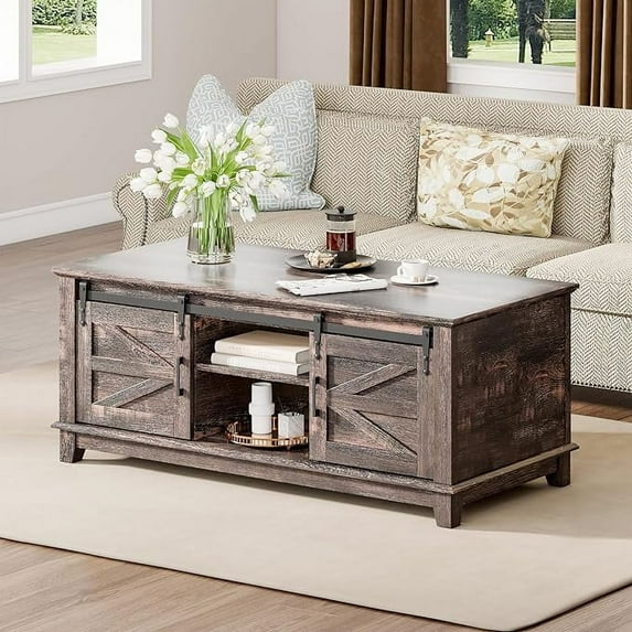 VanAcc Farmhouse Coffee Table with Sliding Barn Doors, 48" Living Room Table with Storage Adjustable Shelves, Rustic Wood Rectangular, Dark Rustic Oak