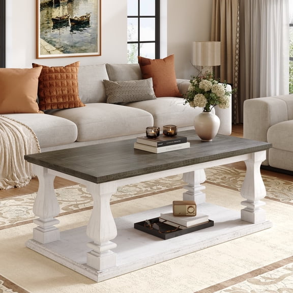 Farmhouse Coffee Table, Solid Wood Plank Top, Distressed Two-Tone Rustic Table with Turned Legs & Storage Shelf for Living Room,Antique Dark Grey & White Washed