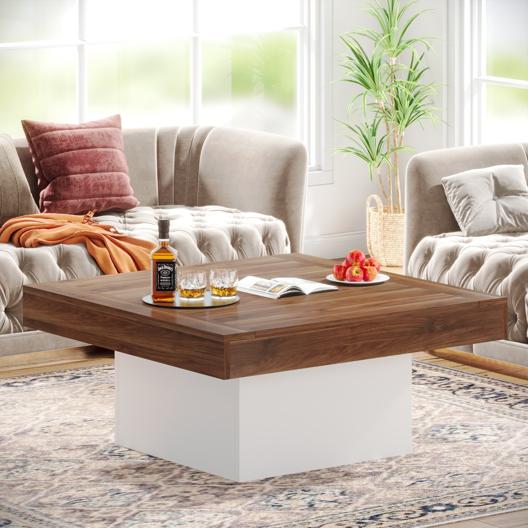 Square Brown and White LED Wood Coffee Table