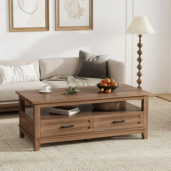 Farmhouse Coffee Table with Storage, 47" Wood Coffee Table for Living Room, Open Display Area and Storage Drawers with Metal Handles Rectangular Coffee Table