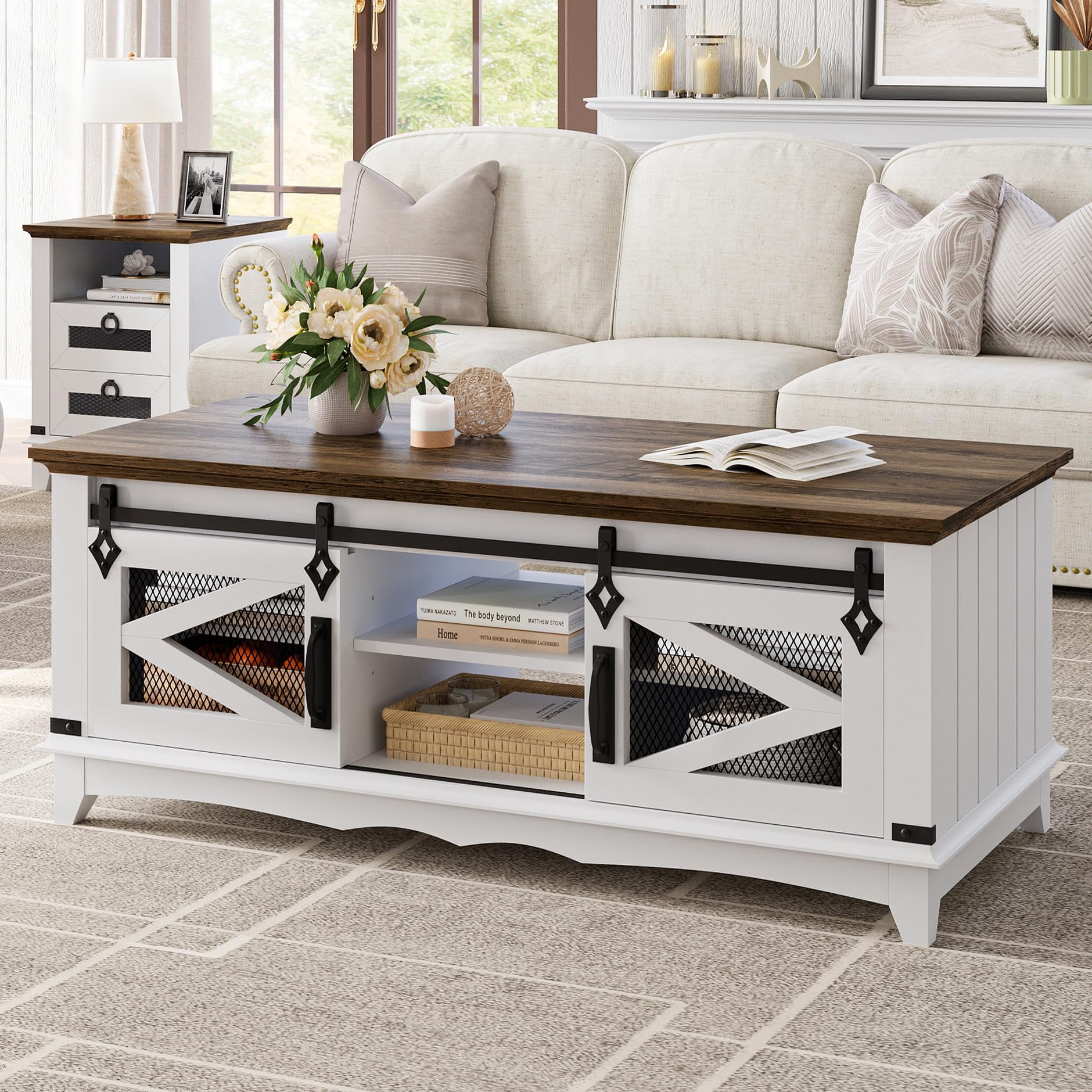 Farmhouse Coffee Table with Storage 48" Center Table Industrial ...