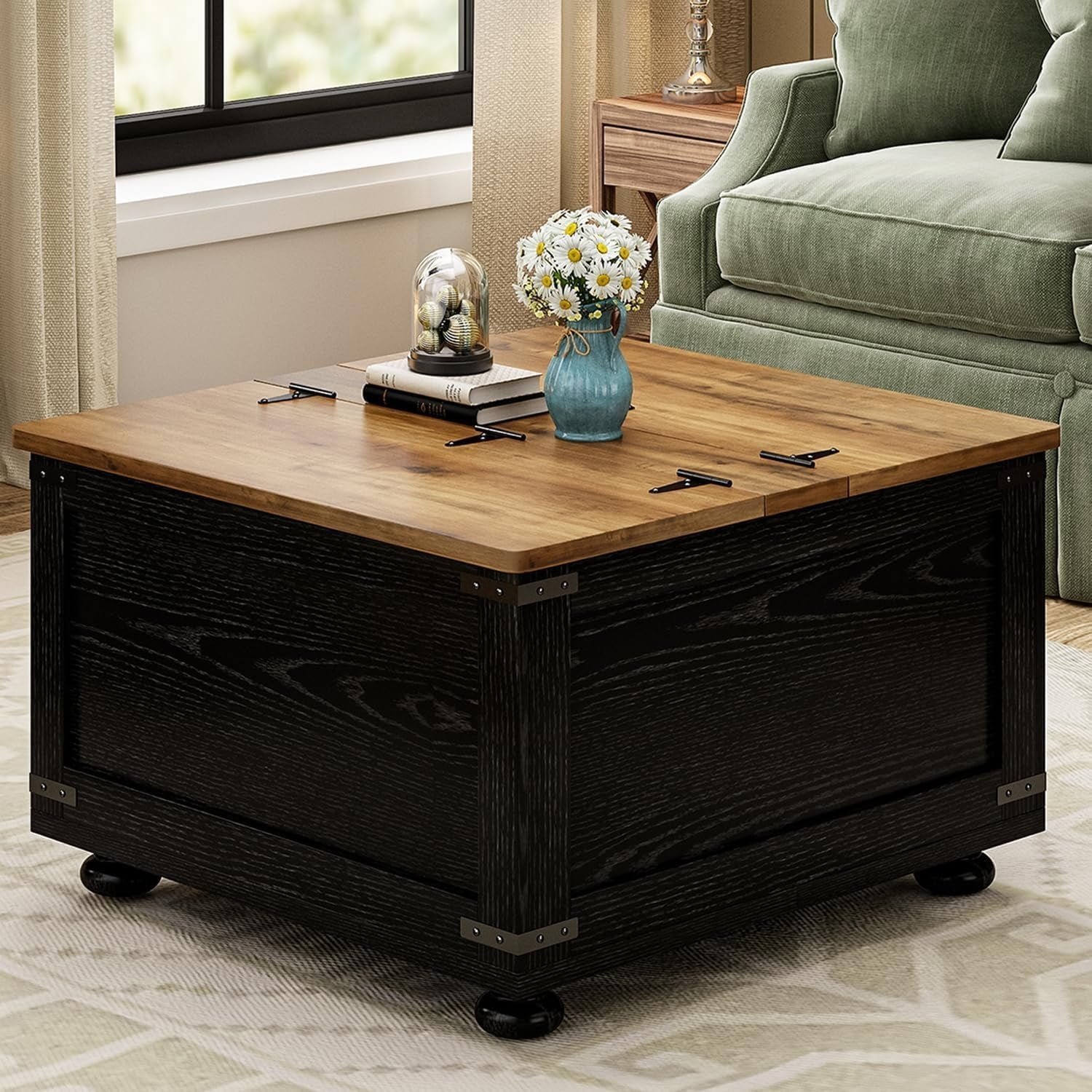 Farmhouse Coffee Table with Storage Black Square Coffee Table with Wood ...
