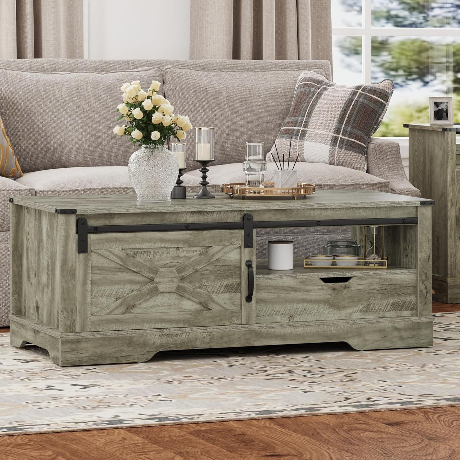 Farmhouse Coffee Table with Storage Cabinets and Sliding Barn Door 48 Rustic Living Room Table with Open Shelves Rectangular Center Table for