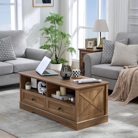 Farmhouse Coffee Table with Storage Drawers, 48" Wooden Living Room Tables, Industrial Rectangle Center Tables, Retro & Simple 2 Tier Cocktail Table, Dining Table for Home Living Room, Natural Oak
