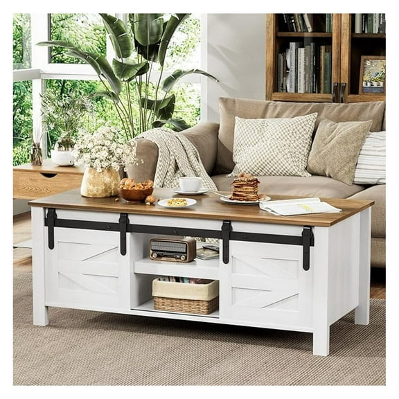 Farmhouse Coffee Table with Storage & Sliding Barn Doors, Modern Rustic Living Room Table with Adjustable Shelves, Wooden Rustic Center Table for Living Room (Antique White)