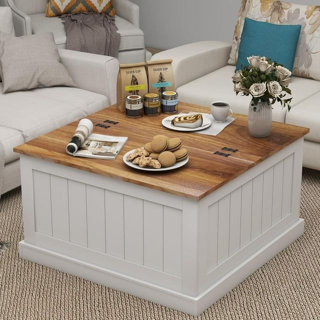 Farmhouse Coffee Table Coffee Table with Storage，Square Wood Center